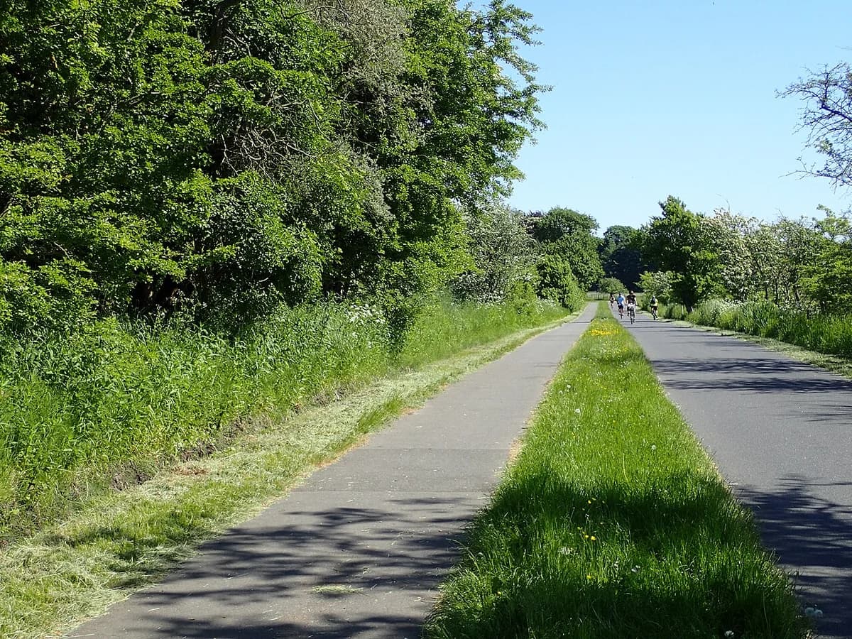 A paved path through a green area with cyclists in the distance.