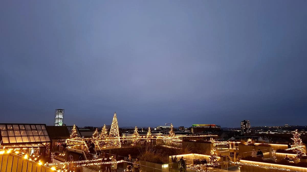 Aarhus city center evening view from rooftop with Christmas lights
