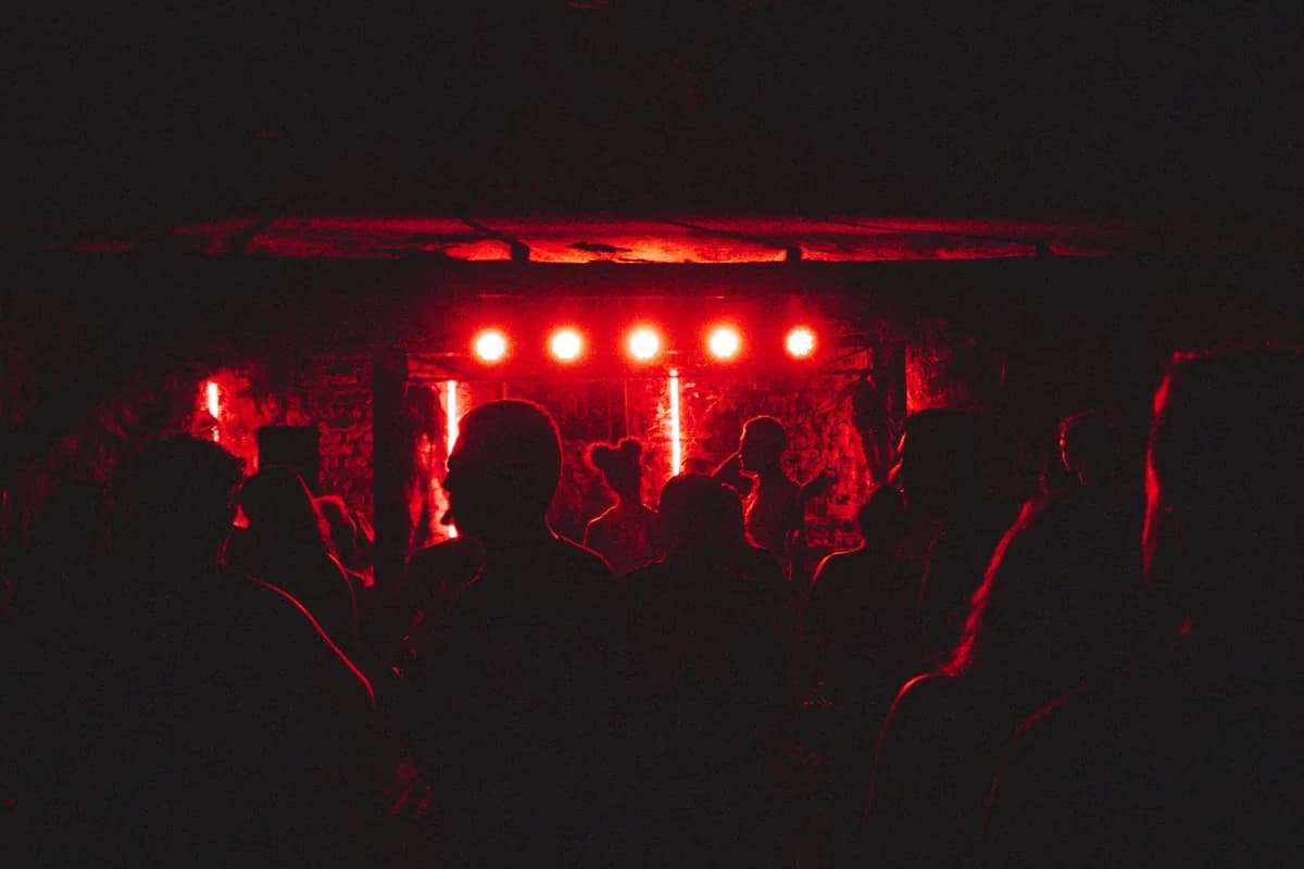 Crowd watching a live music performance in a dark room lit by red lights.