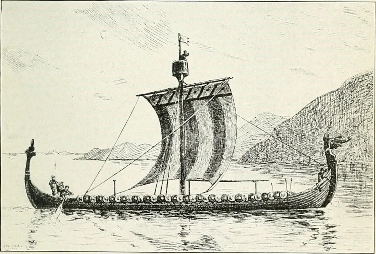 Illustration of a Viking ship with a sail and shield-lined hull on the water.