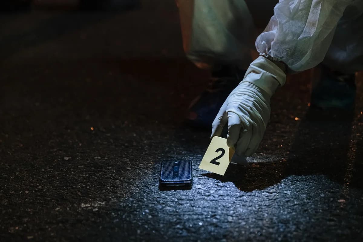 forensic expert marking evidence on street at night