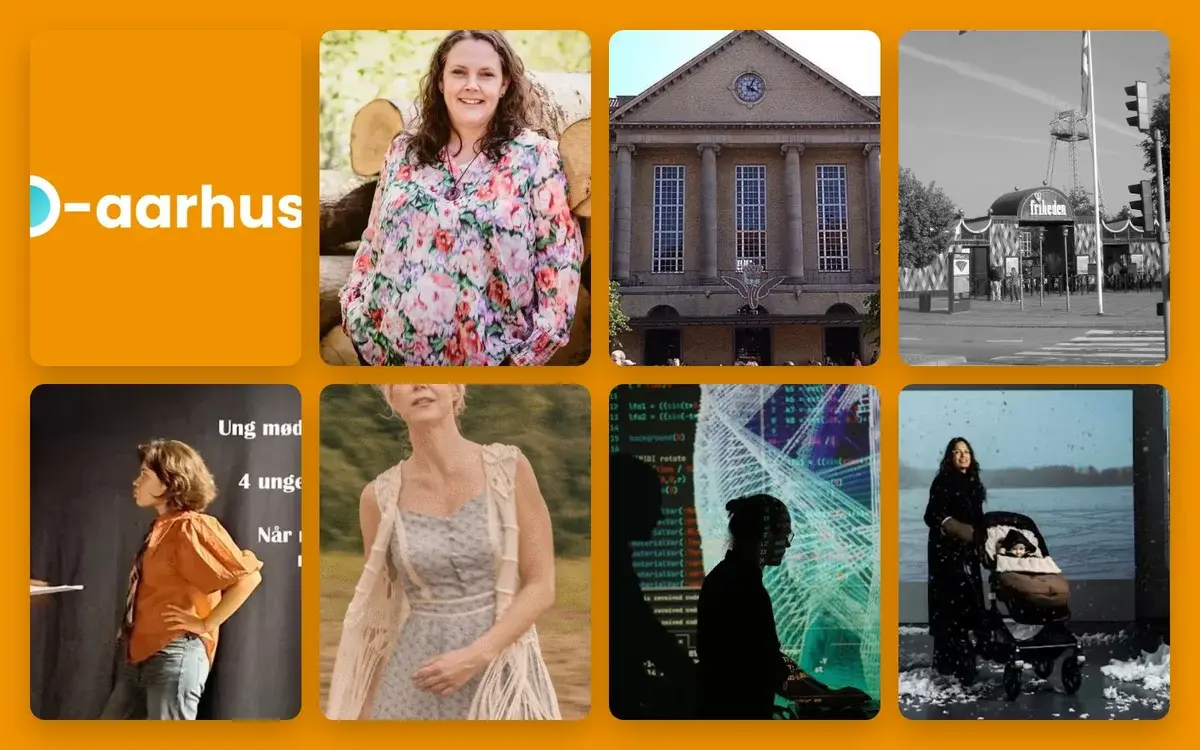 A collage of photos and graphics on an orange background.