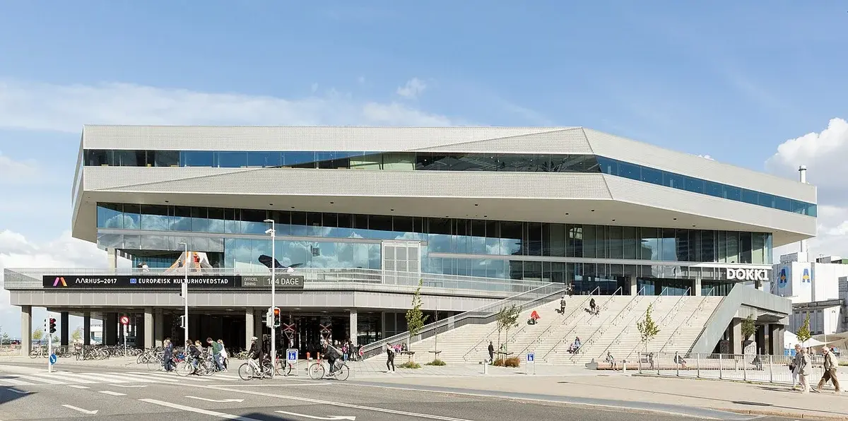 Modern Dokk1 library building in Aarhus seen from Europa Plads.