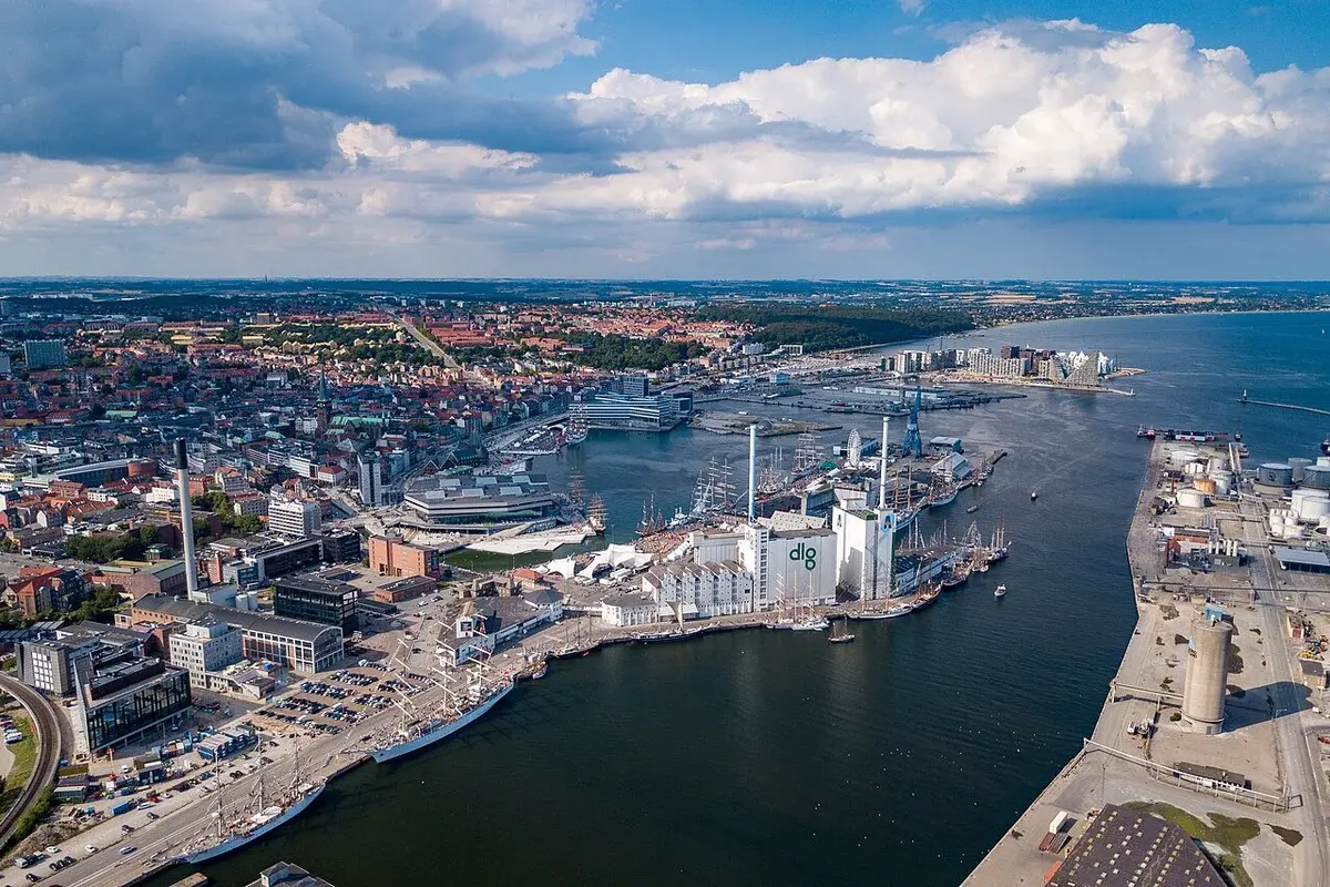 Aerial view of Aarhus Harbor with city and waterfront