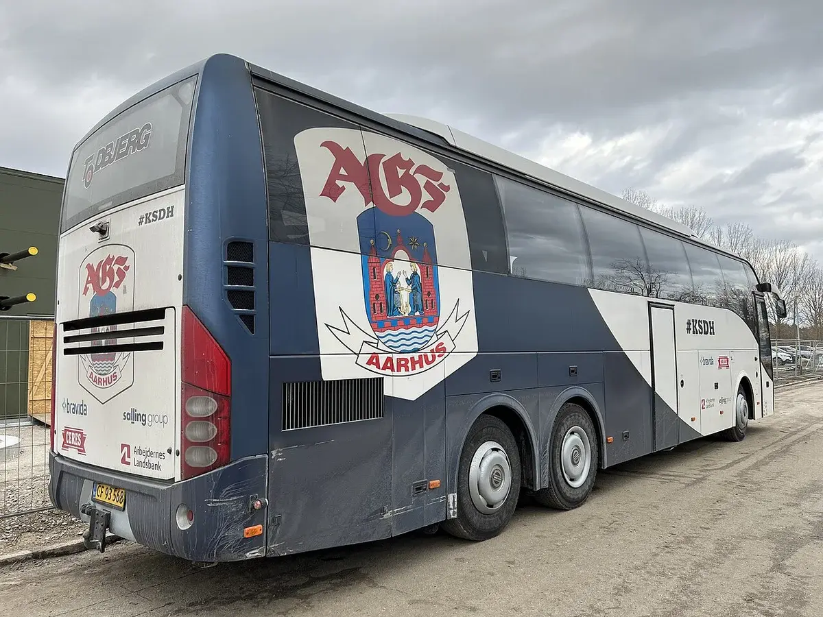 Rear view of AGF Aarhus football team bus with sponsors and hashtag #KSDH