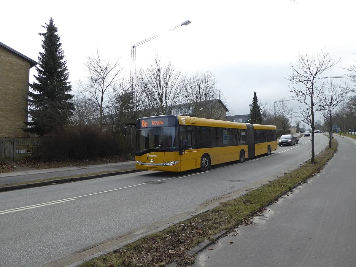 A yellow city bus on a road with trees and houses nearby.
