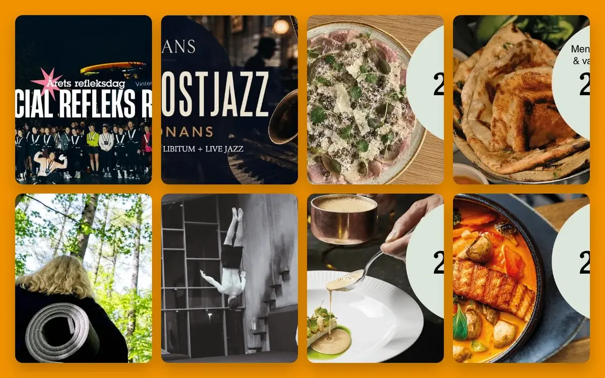 A collage of posters, food dishes, and outdoor scenes on an orange background.