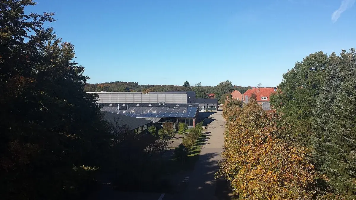 Aerial view of Tornvedskolen school buildings surrounded by trees in Jyderup