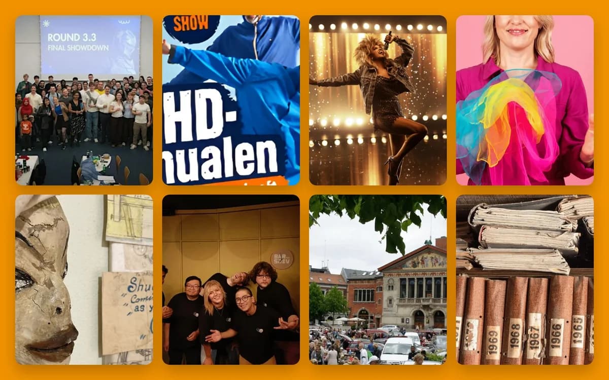 A collage of eight assorted photos including people, a performance, a city square, and archived folders.
